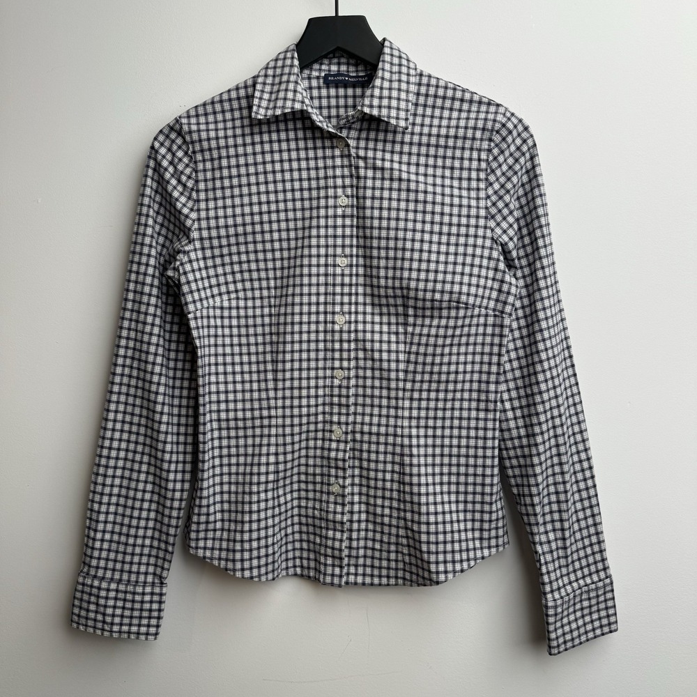 Brandy Melville Button Up Shirt‎ One Size Blue White Plaid Long Sleeve Women's
